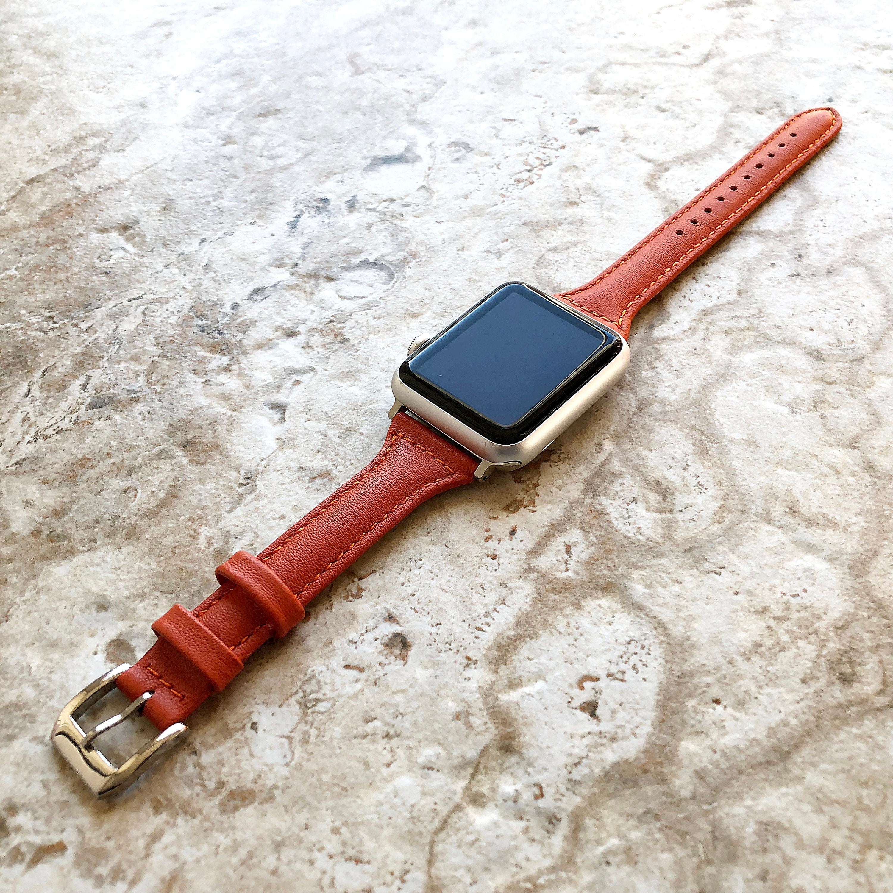 Apple Dark Orange Color Slim Elegant Soft Leather Band Strap Bracelet for iWatch All Series 38mm 40mm 41mm 42mm 44mm 45mm 49mm Case